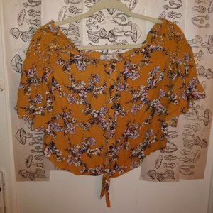Mustard Floral Off Shoulder Self Tie Crop Top